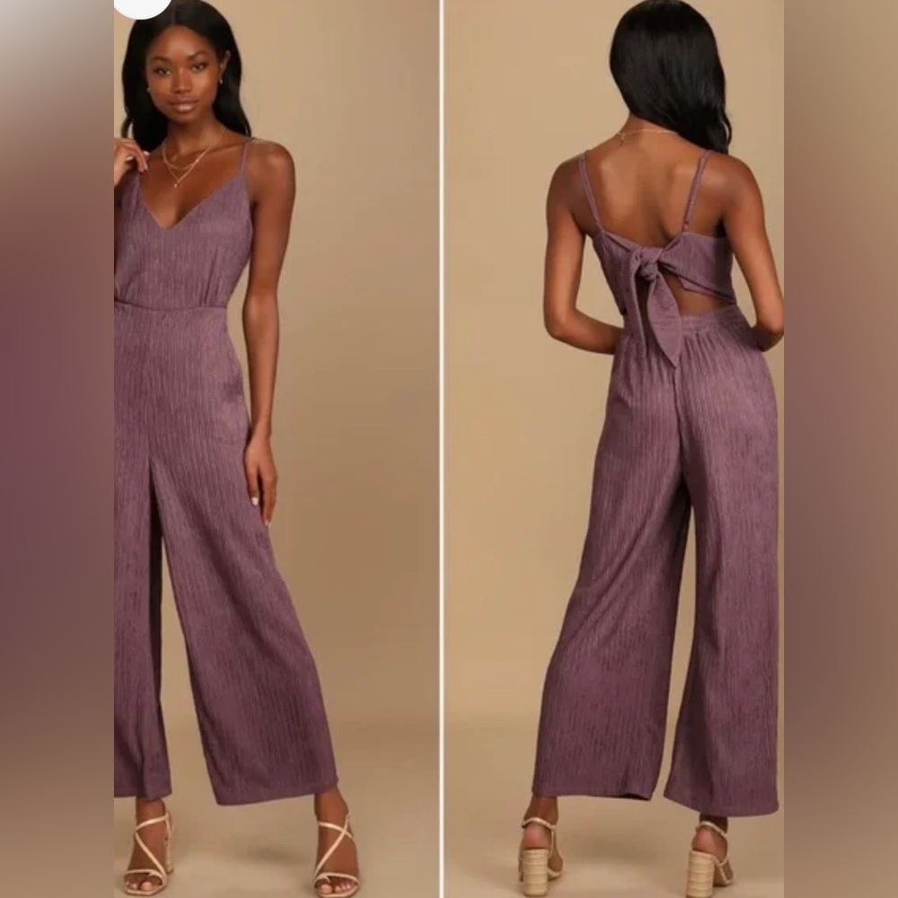 Lulu's Get the Groove Dusty Purple Crinkled Tie-Back Wide-Leg Jumpsuit L